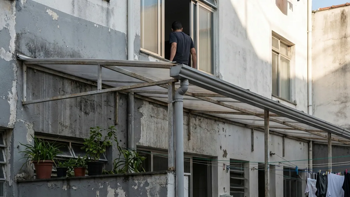 A cobertura transparente resolve a chuva na área de serviço, mas morador do andar de cima descobre que perdeu acesso à parte externa de sua própria janela