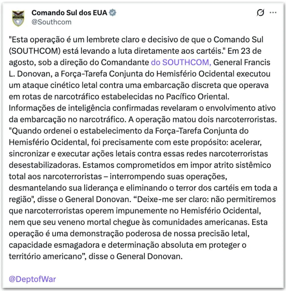 EUA matam 2 traficantes em ataque contra embarcação no Pacífico