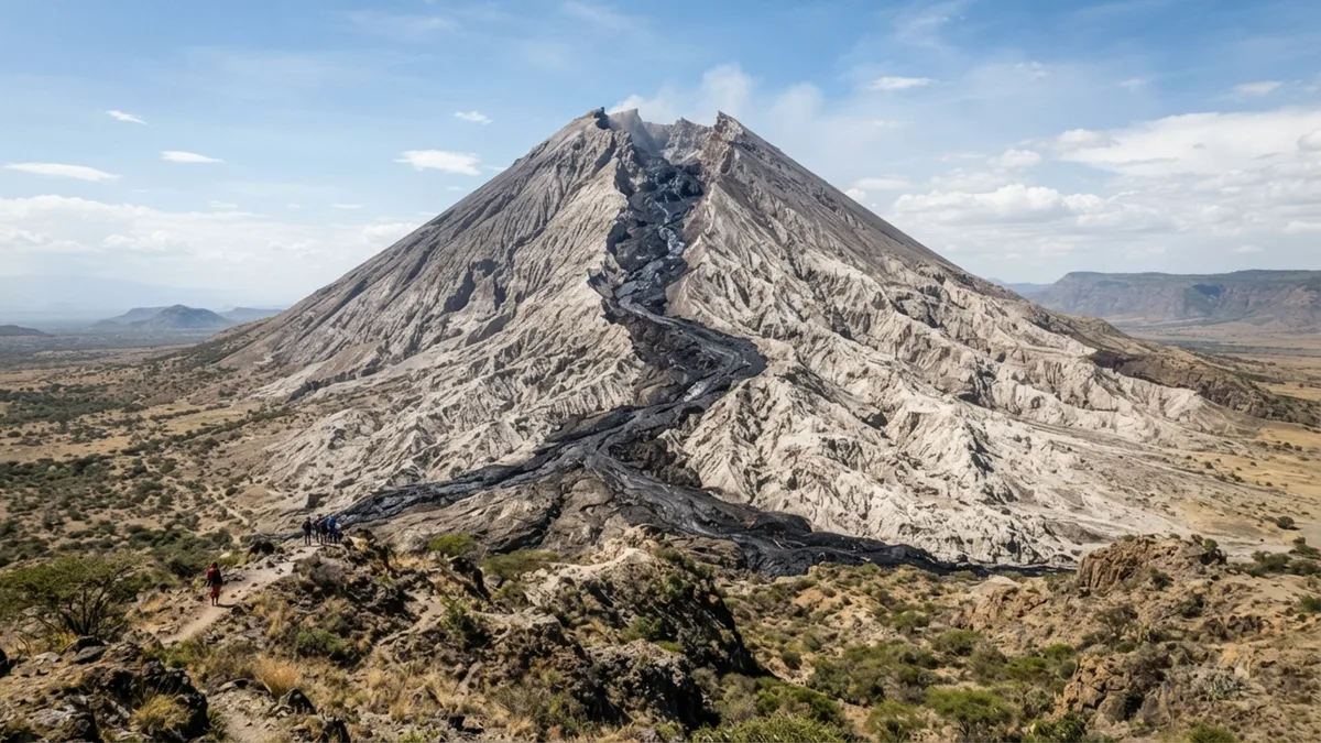 Neste vulcão da Tanzânia, a lava sai preta a cerca de 500 °C e meses depois pode estar completamente branca no mesmo lugar