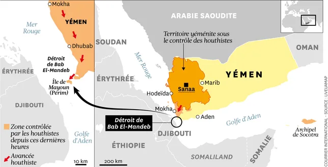 Une carte de la prise de contrôle du détroit de Bab El-Mandeb par les houthistes