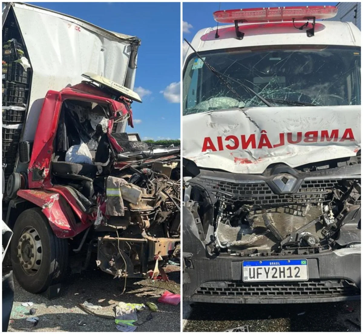 Grave acidente mata 1 pessoa e fere 3 em colisão entre caminhão, carretas e ambulância no interior de SP