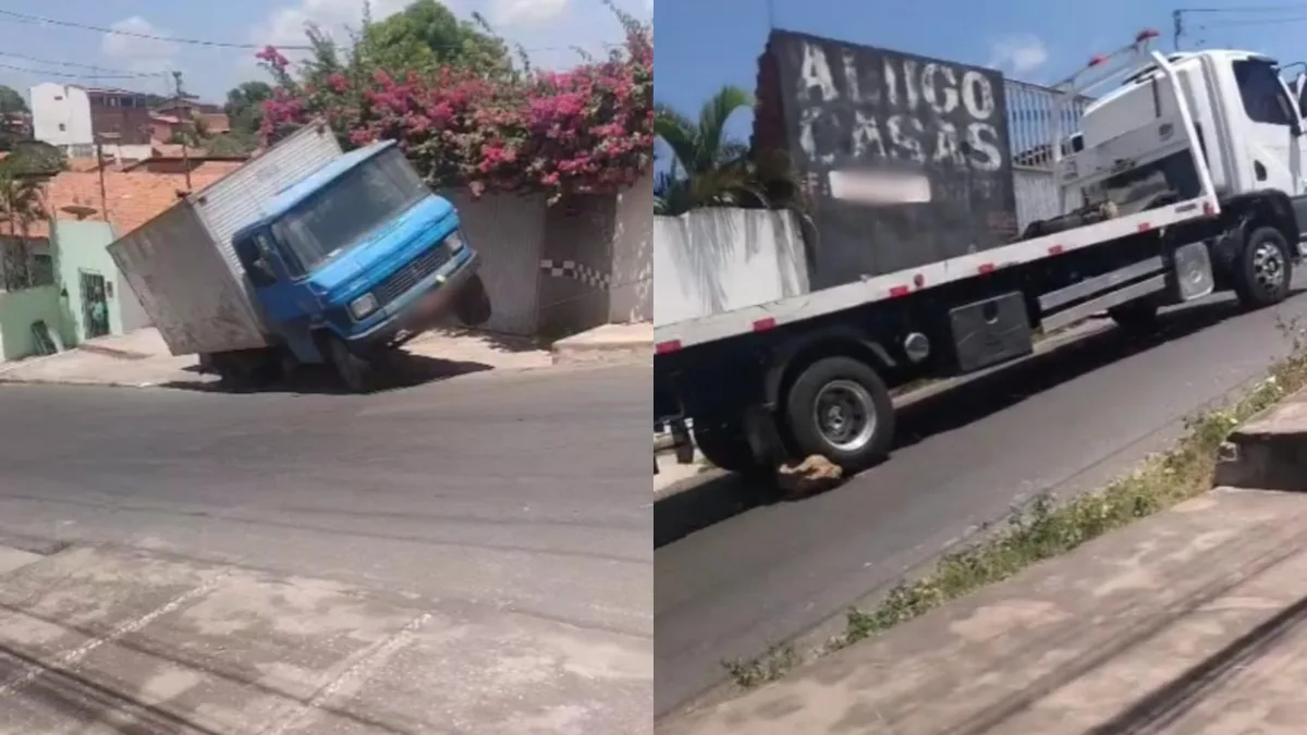 Caminhão guincho fica preso em ladeira ao tentar rebocar veículo em Teresina