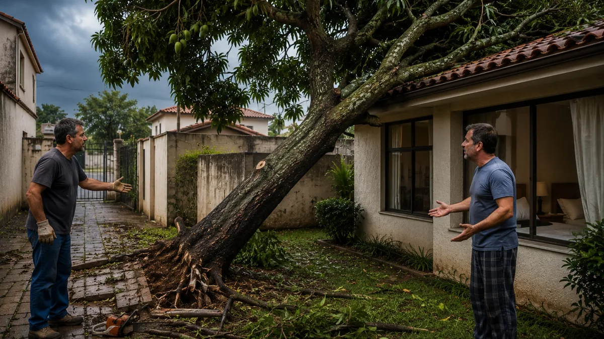 Vizinho corta raízes de mangueira para recuperar a calçada e, após temporal, árvore começa a inclinar sobre o telhado da casa ao lado