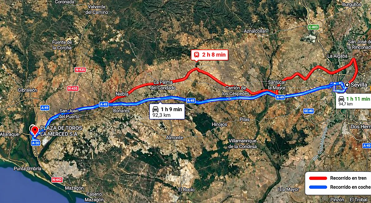 Sevilla-Huelva en tren: más de dos horas de viaje frente a una hora en coche