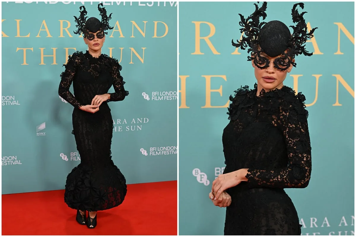 Rita Ora turns heads in dramatic black lace gown and statement headpiece at Klara And The Sun premiere