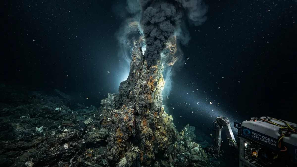 No fundo do mar, minerais saem da água e constroem chaminés que podem ultrapassar 50 metros, enquanto o interior continua expelindo fluidos superaquecidos