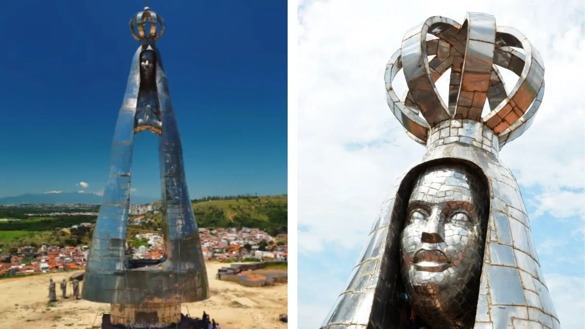 Artesão que começou a esculpir na areia criou Nossa Senhora de aço maior que o Cristo Redentor para cidade com 35 mil habitantes