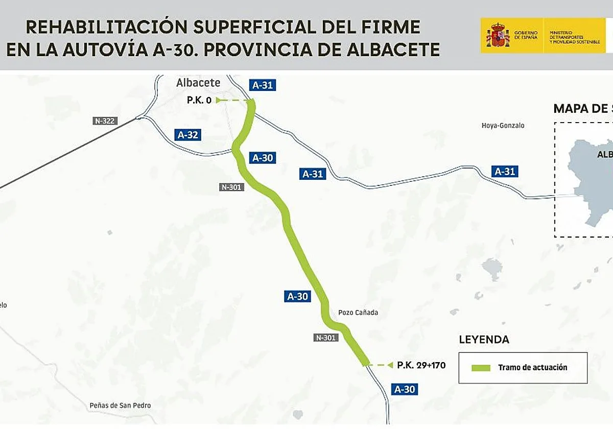 Licitadas por 8,3 millones las obras del firme de la A-30 entre Albacete y Chinchilla de Monte-Aragón