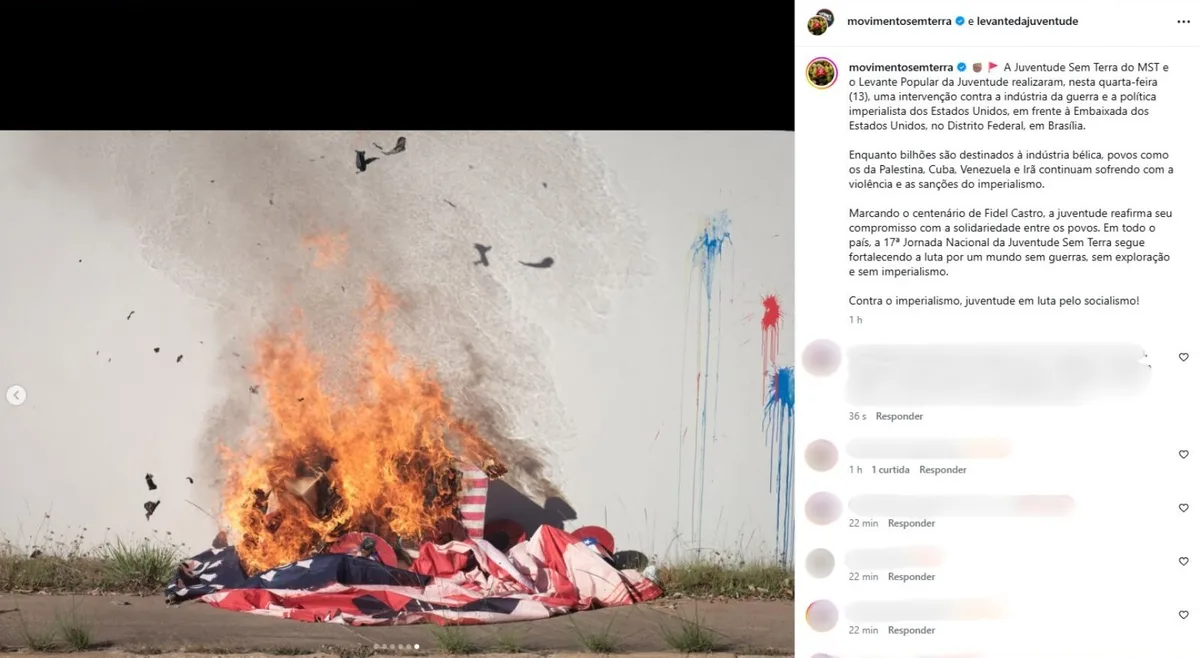 'EUA fazem guerra e lucram com a morte': muro de embaixada é pichado em Brasília