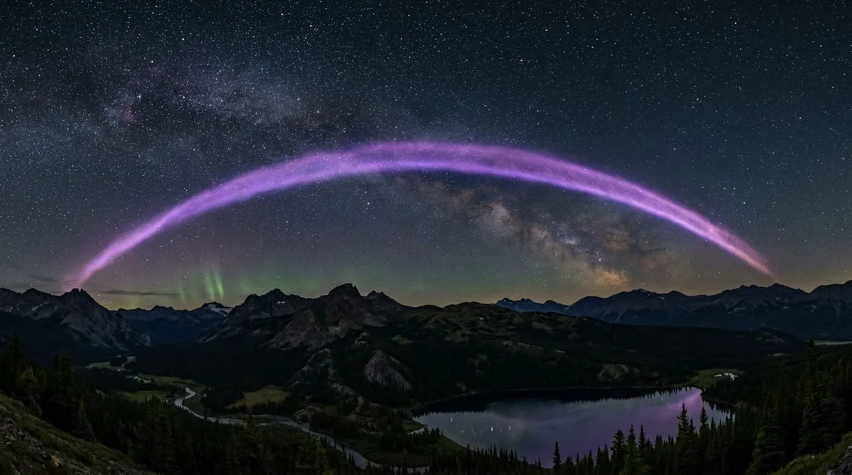 O novo fenômeno luminoso descoberto nos céus que parece uma aurora boreal e atravessa a noite como uma fita roxa