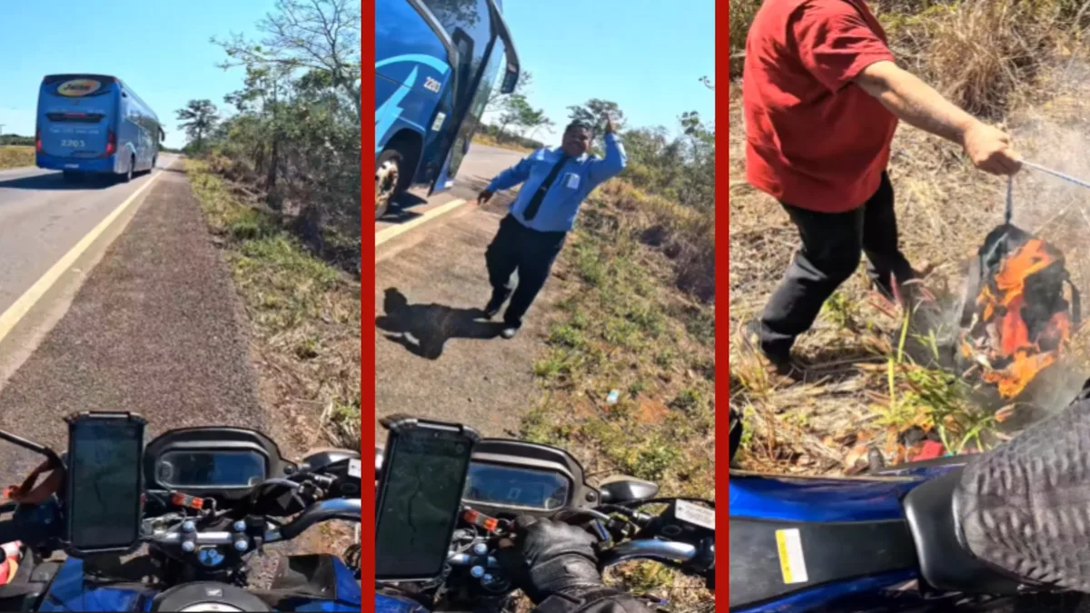 VÍDEO: motorista de ônibus 'fecha' piloto em estrada de MT para alertar sobre moto em chamas
