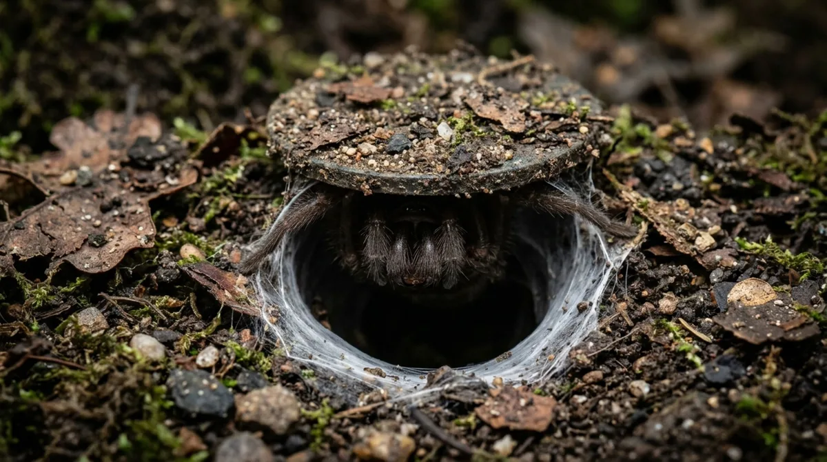 Escondida atrás de uma porta construída com seda, terra e pequenos fragmentos do ambiente, uma aranha passa grande parte do tempo esperando até sentir vibrações e sair em uma fração de segundo para agarrar a presa