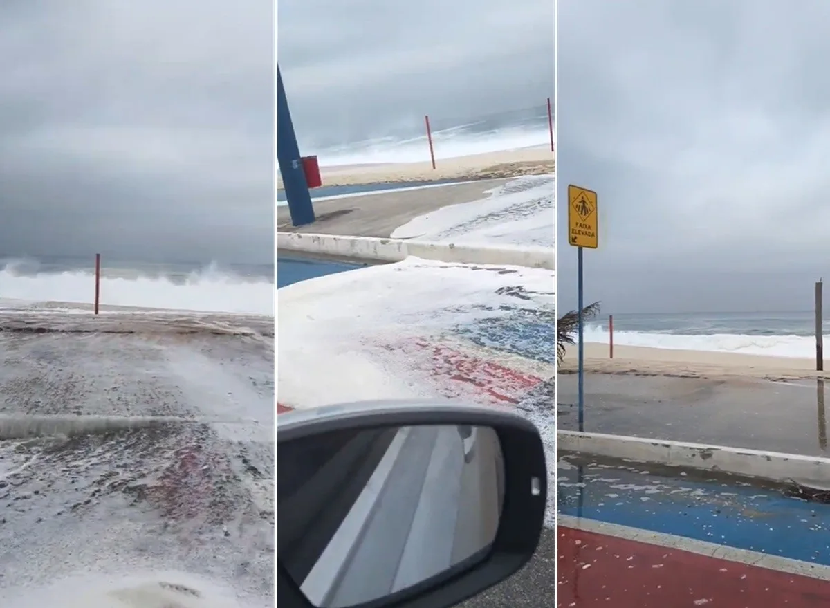Vídeo mostra mar avançando sobre avenida durante ressaca em Maricá