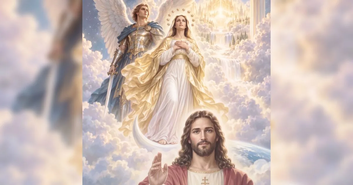 Miguel, no Apocalipse 12 na Bíblia Sagrada, defendendo a mulher e seu filho contra Satanás