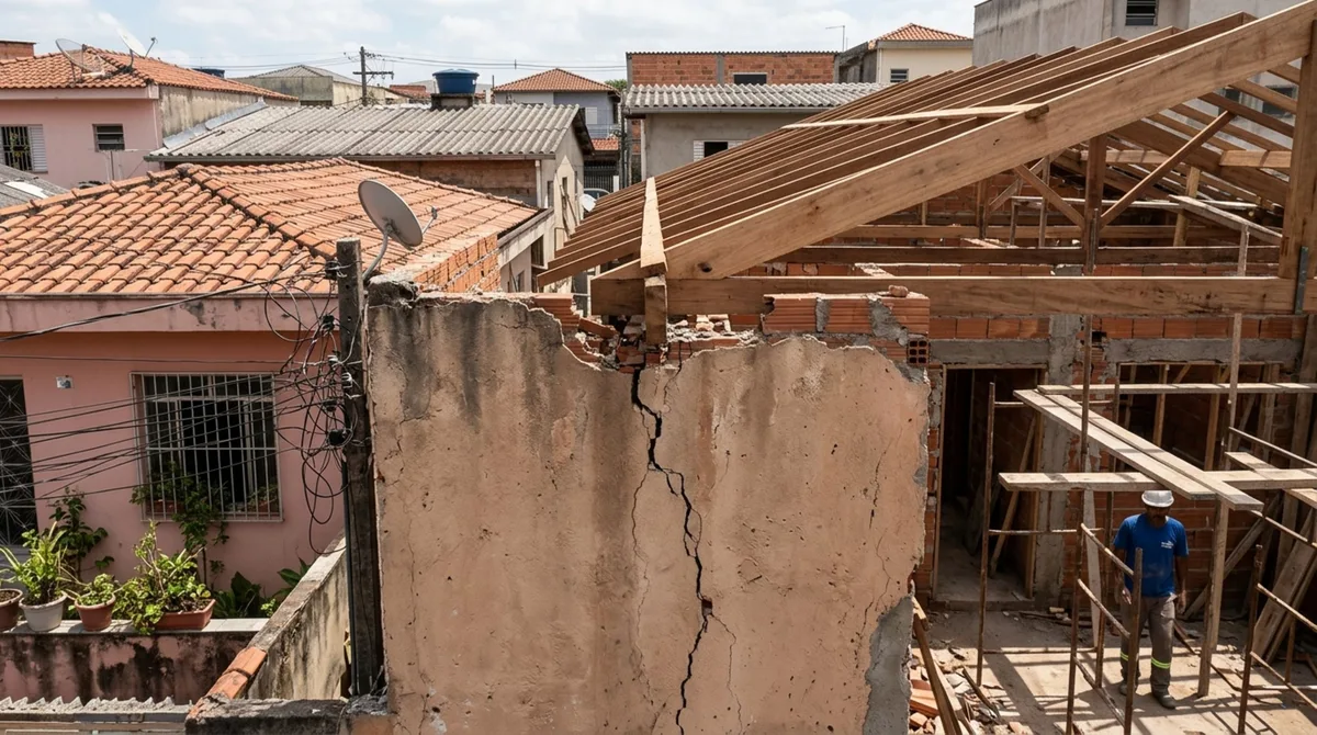 Homem retorna de viagem e descobre que vizinho apoiou vigas e parte do novo telhado no muro entre as duas casas e exige retirada da estrutura, vizinho afirma que parede pertence aos dois