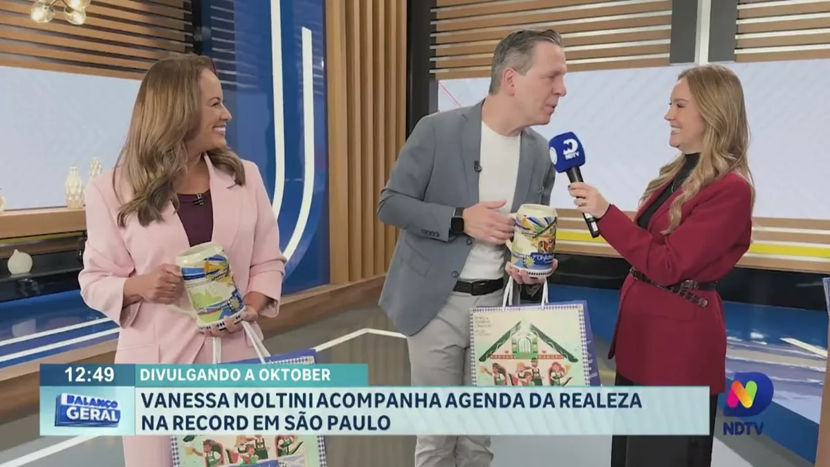 Divulgando a Oktober: Vanessa Moltini acompanha agenda da realeza na Record, em São Paulo