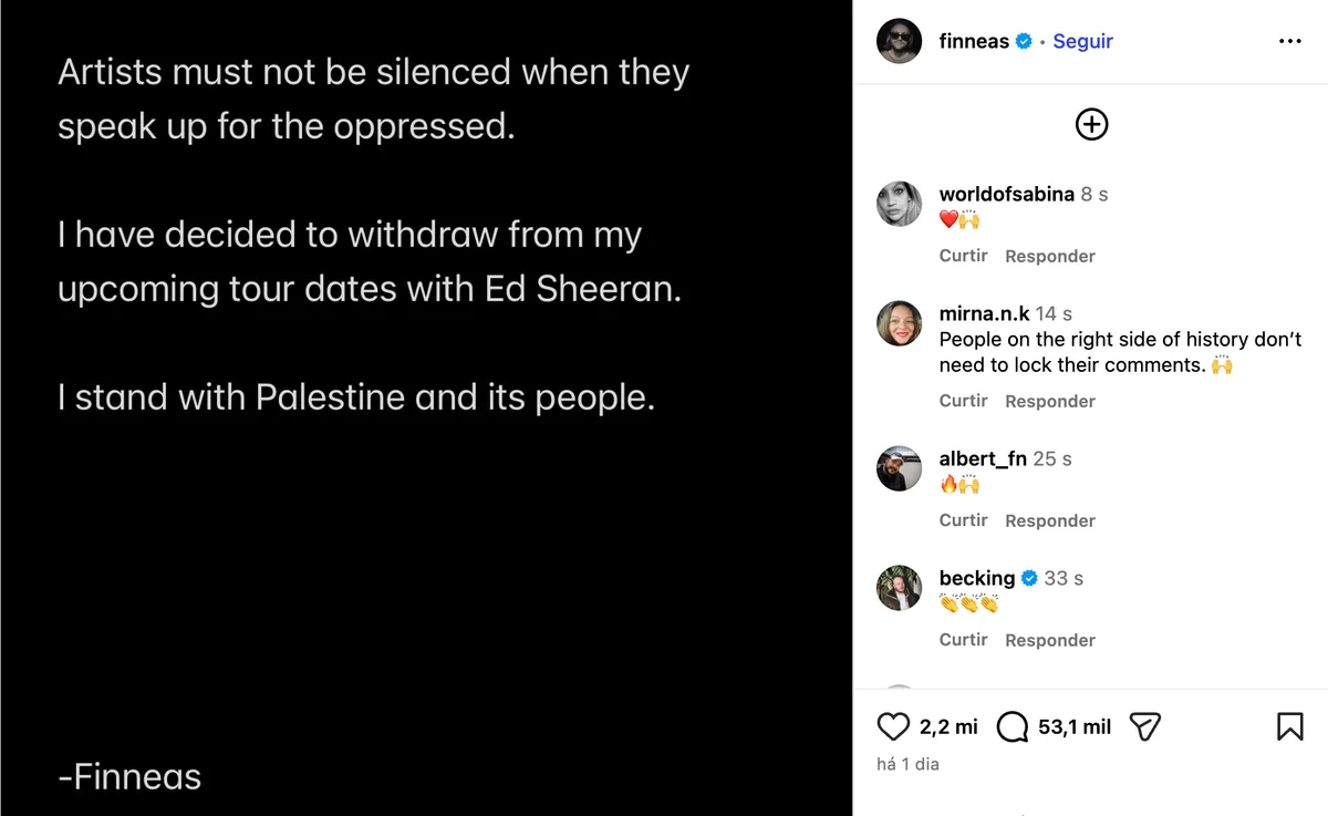 Artistas deixam turnê de Ed Sheeran após retirada de rapper pró-Palestina