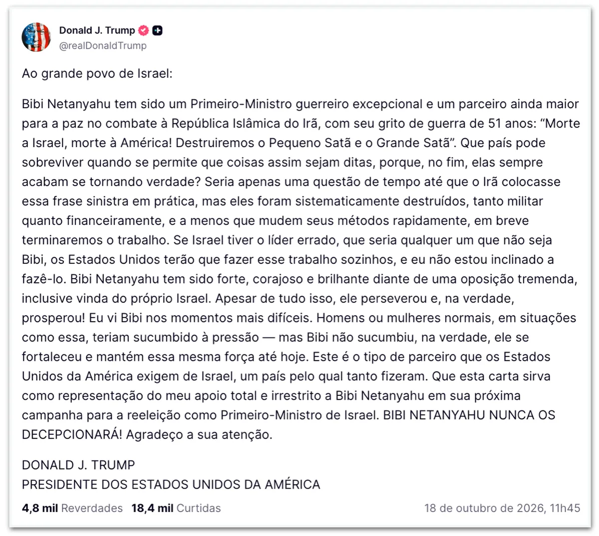 Trump declara apoio a Netanyahu nas eleições de Israel