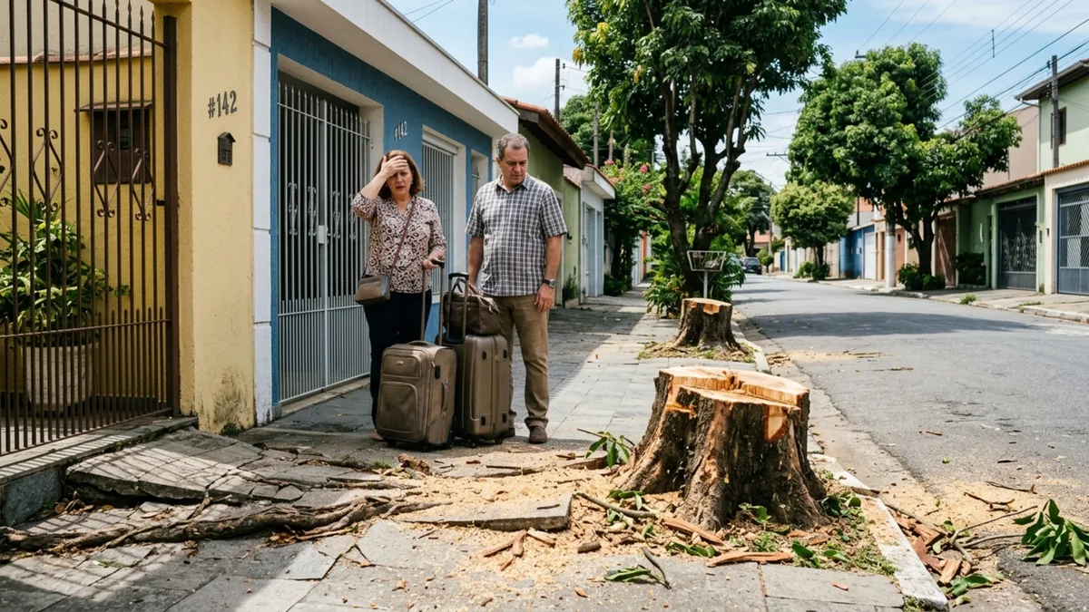 Casal planta duas árvores na frente de casa, cuida delas por 12 anos e volta de viagem encontrando os troncos cortados porque o vizinho alegou que as raízes estavam levantando sua calçada