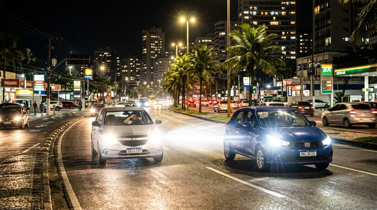 Motorista usa farol alto para enxergar melhor durante a noite e descobre que prática pode render multa em via iluminada