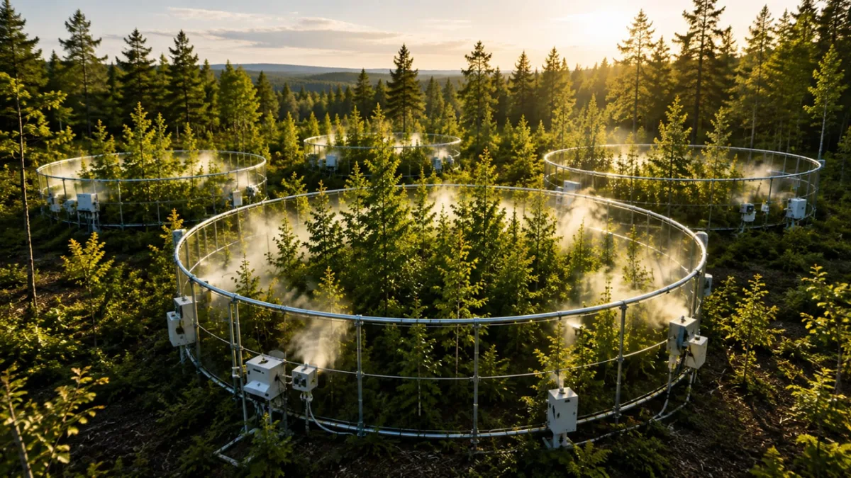 Scientists exposed a Wisconsin forest to extra CO₂ for 11 years; productivity rose 39%, but ozone cut gains