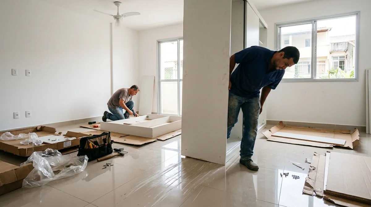 Casal instala um piso novo na sala, contrata a montagem de um guarda-roupa e encontra riscos profundos depois do serviço, mas as fotografias feitas antes da entrega e o registro da montagem mostram que as peças foram arrastadas sobre o revestimento