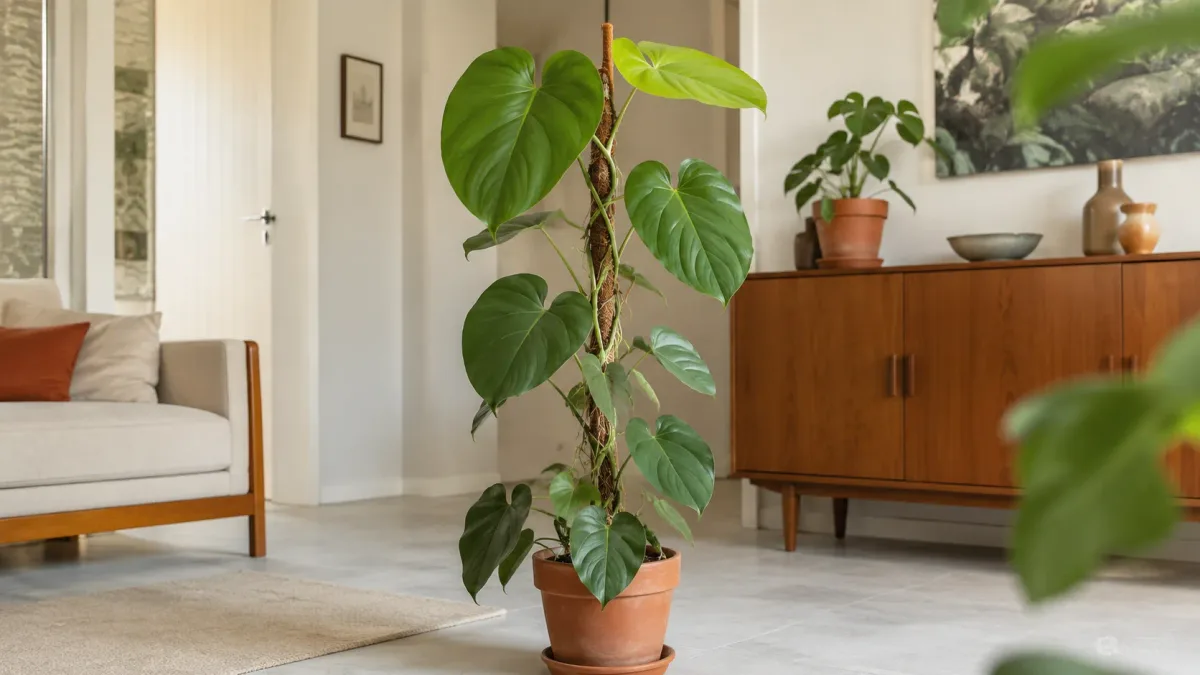 Filodendro com tutor vertical na sala de estar: como conduzir folhas cada vez maiores sem deixar a planta avançar sobre os móveis