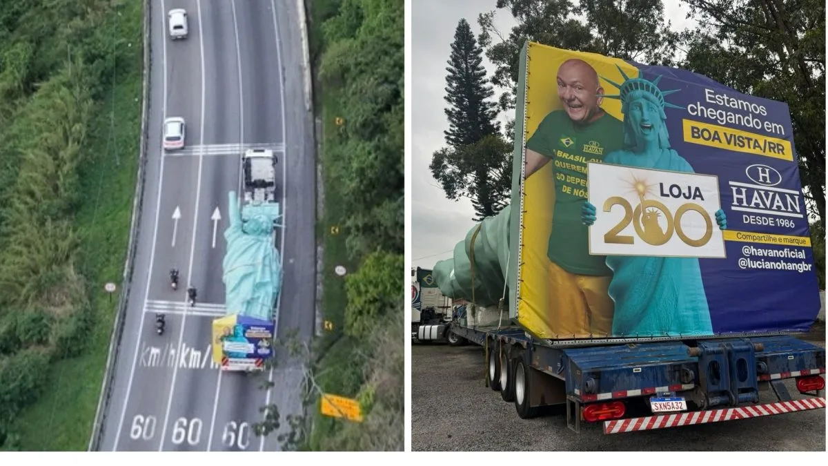 Estátua da Liberdade de 8 toneladas e 24 metros produzida em SC vai viajar 6 mil quilômetros até a 200ª loja da Havan