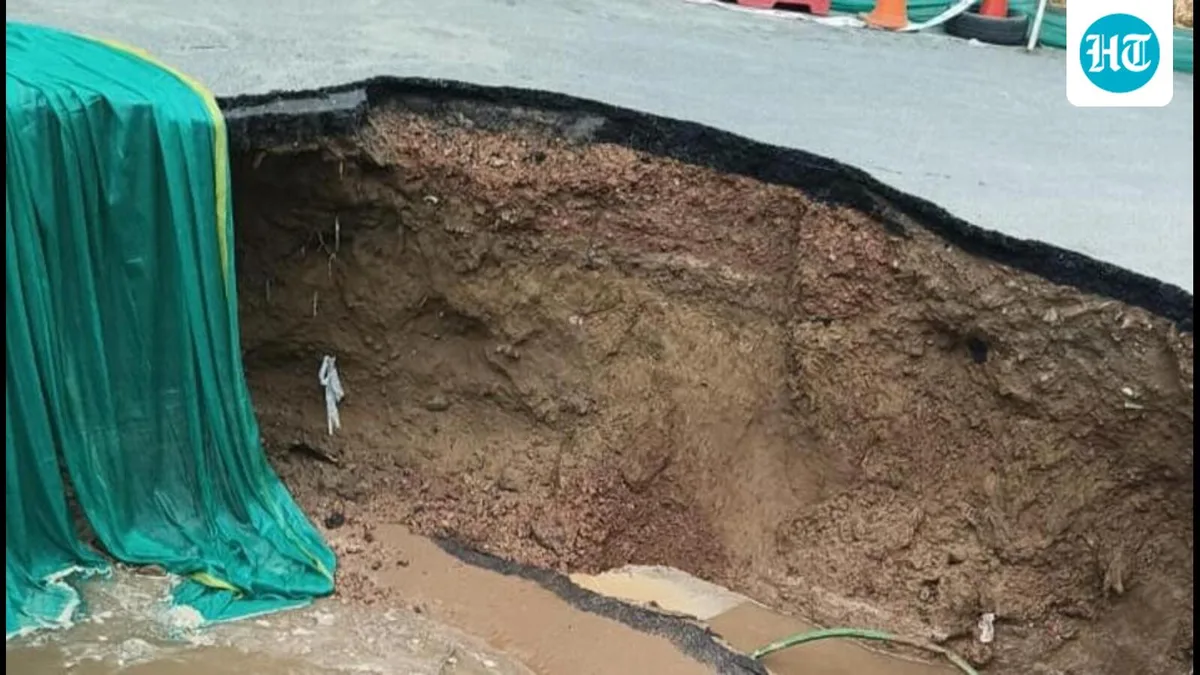 Gurugram sewer line breach causes road cave-in at IFFCO Chowk; traffic diverted