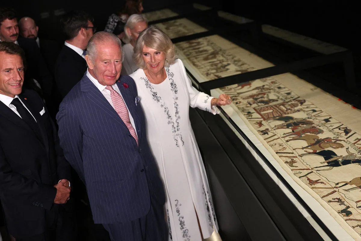 King Charles and Camilla marvel at Bayeux Tapestry as it returns to Britain for first time in centuries