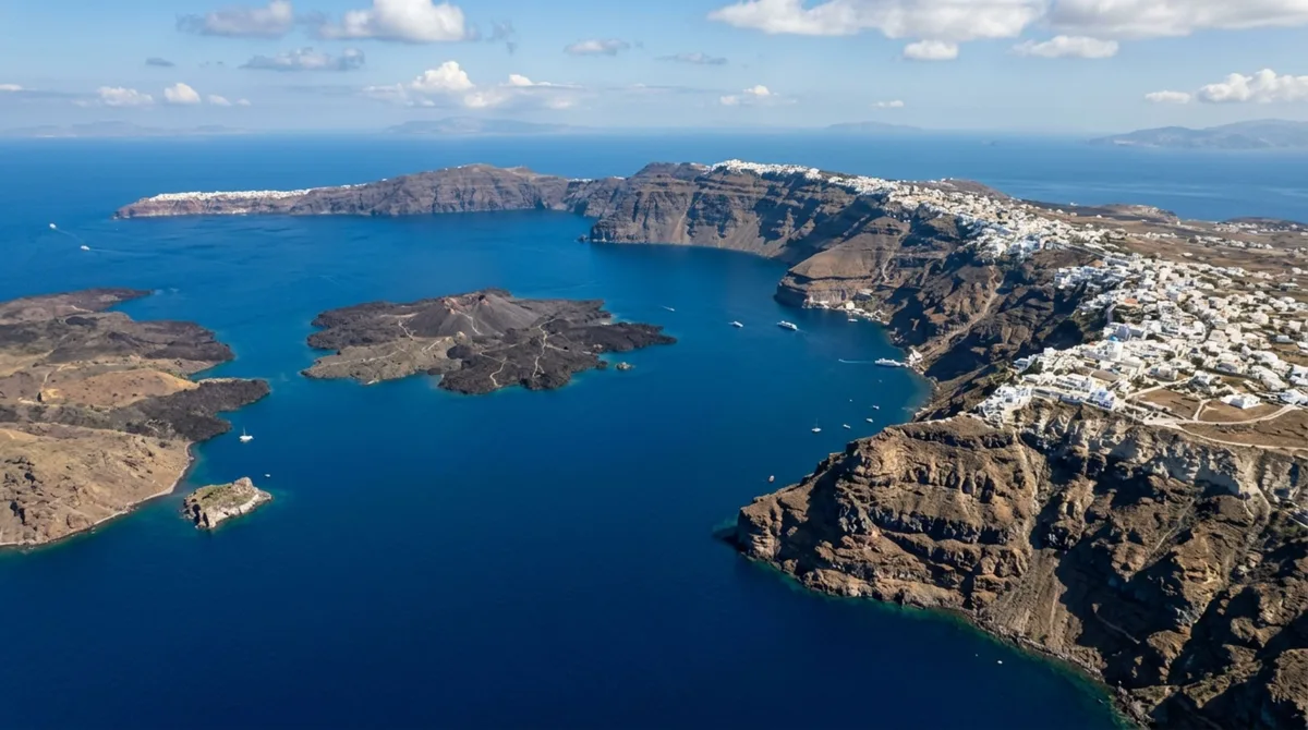 Uma ilha grega nasceu de erupções gigantes, teve o centro invadido pelo mar e hoje cidades brancas ocupam a borda de uma caldeira ainda ativa
