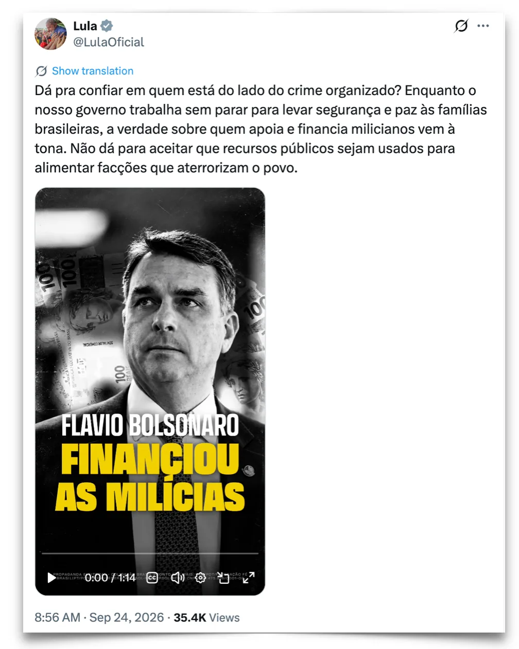 Lula associa Flávio Bolsonaro ao crime organizado