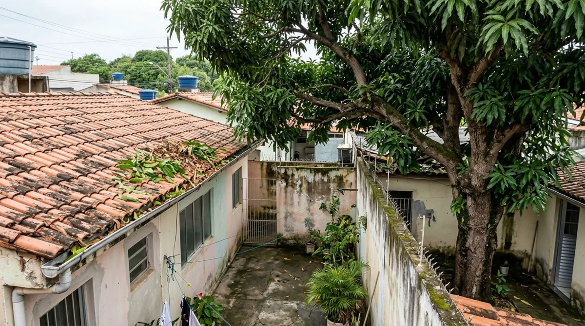 Família planta árvore para fazer sombra no quintal e vizinho percebe que os galhos começam a alcançar o telhado, enquanto folhas entopem as calhas durante as chuvas