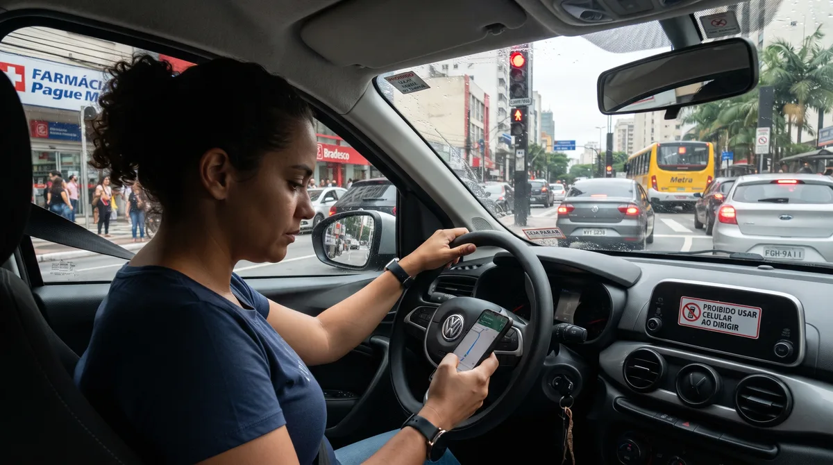 Motorista para no sinal vermelho, pega o celular apenas para trocar a música no aplicativo e é multado por um agente de trânsito escondido na esquina