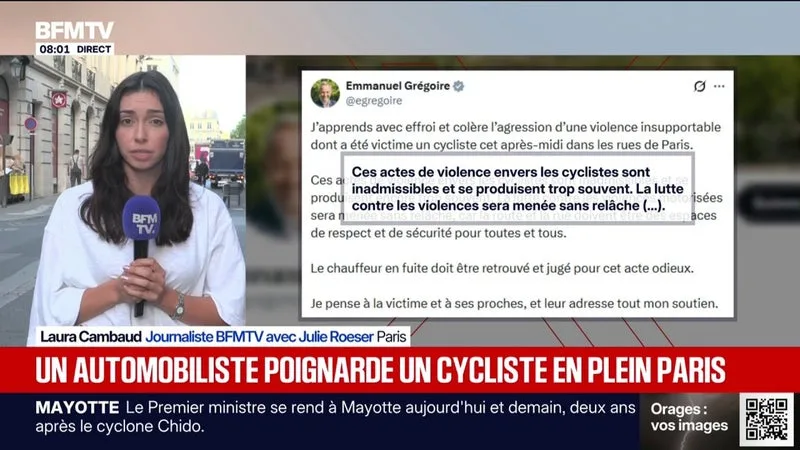 Un cycliste gravement blessé au couteau par un automobiliste après un différend routier à Paris