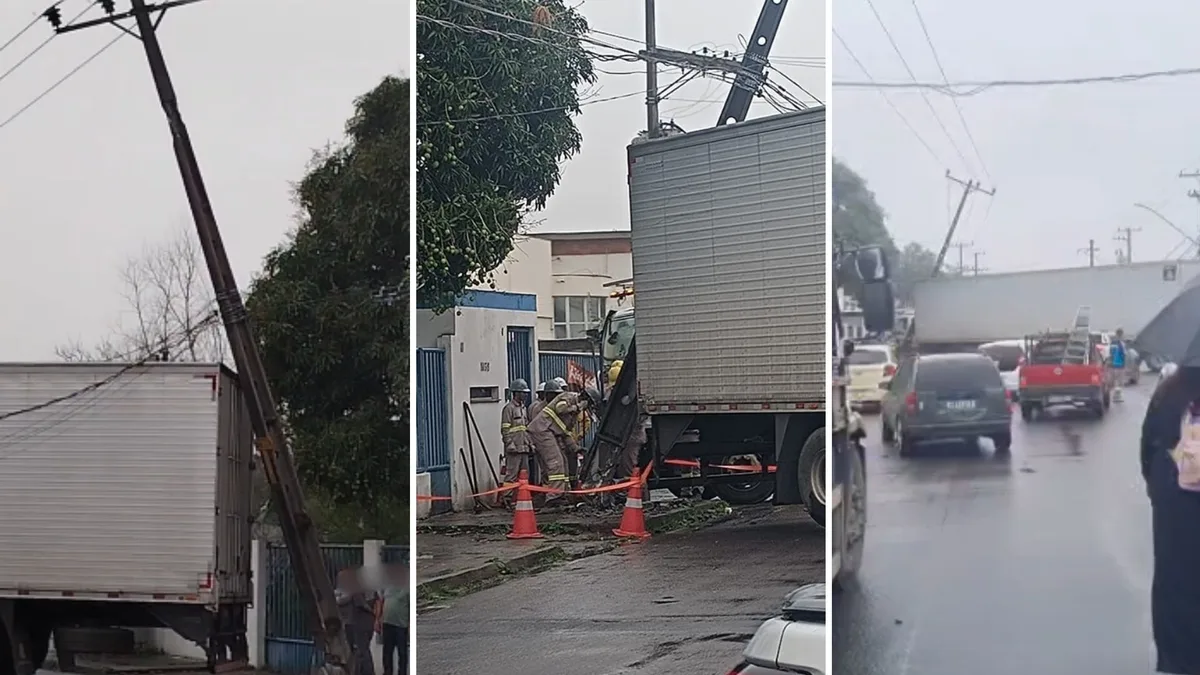Caminhão derruba poste e interdita rua na Serra