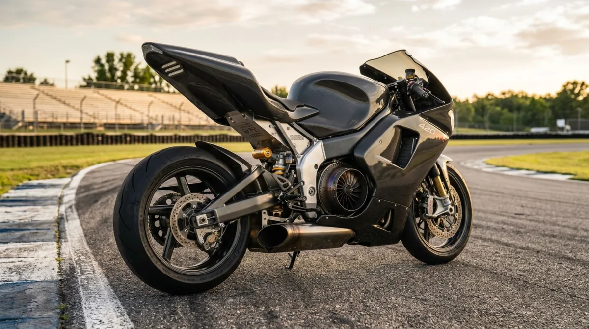 A motocicleta monstruosa equipada com uma turbina de helicóptero que transforma o escapamento em uma fornalha