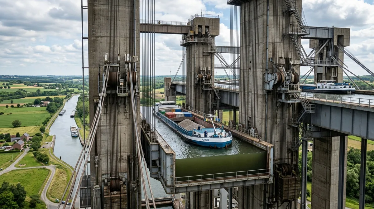 Na Bélgica, barcos de até milhares de toneladas entram em uma enorme caixa cheia de água e são elevados verticalmente por mais de 70 metros, vencendo em poucos minutos uma diferença de nível que antes exigia várias estruturas sucessivas