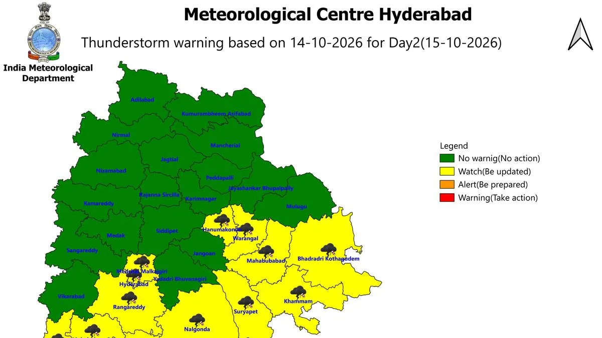 Thunderstorms forecast in 15 Telangana districts on October 15