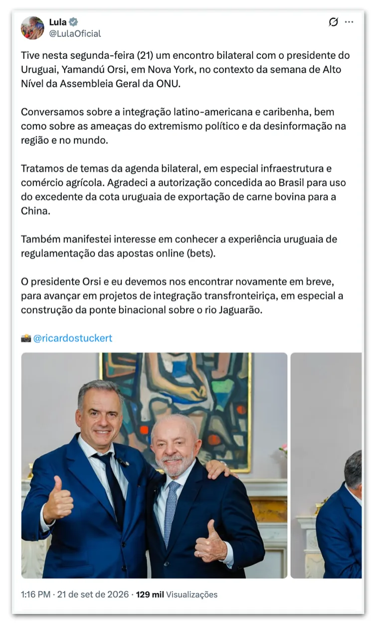 Lula diz que Uruguai cedeu cota de carne bovina à China para o Brasil