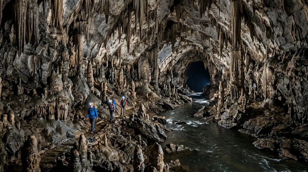 Em uma ilha do oceano Índico existe um conjunto de cavernas onde grandes formações minerais, lagos subterrâneos e galerias profundas permanecem escondidos sob uma paisagem aparentemente comum vista da superfície