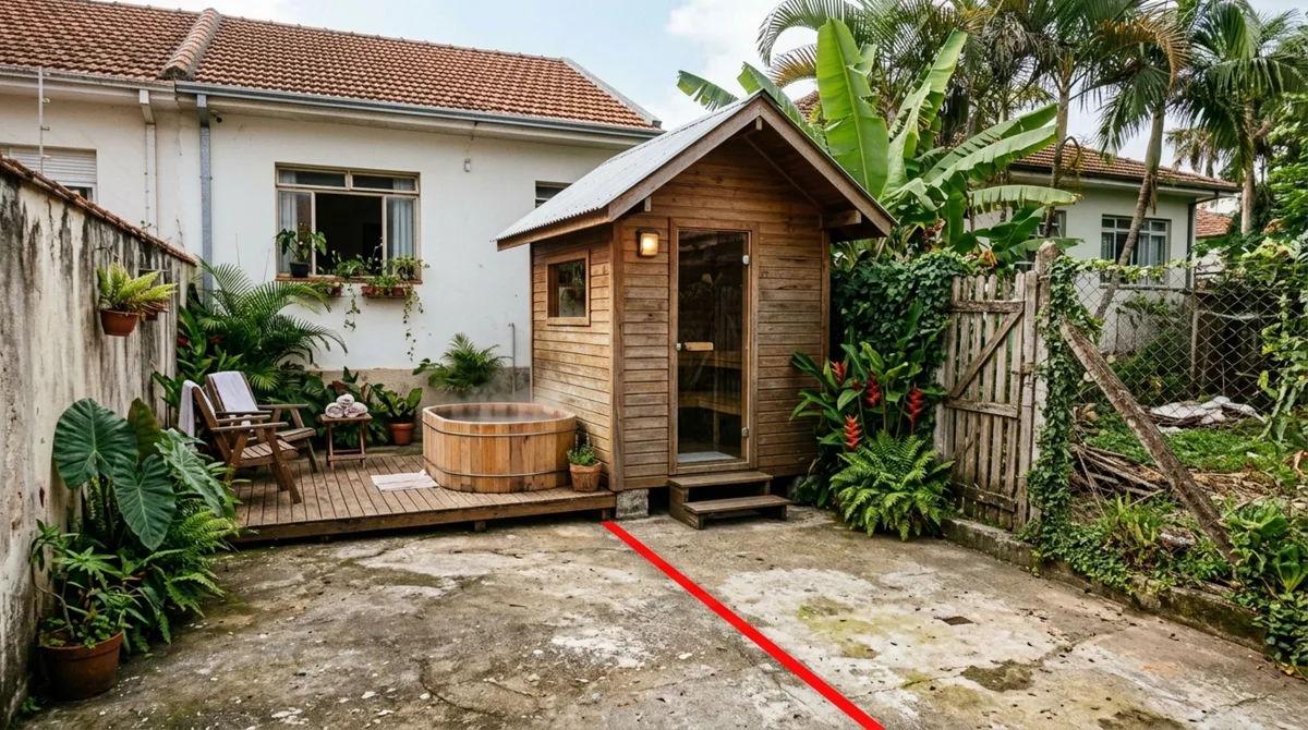 Família transforma o quintal em espaço com sauna e spa e, ao fazer levantamento para nova obra, descobre que parte da estrutura está além da divisa