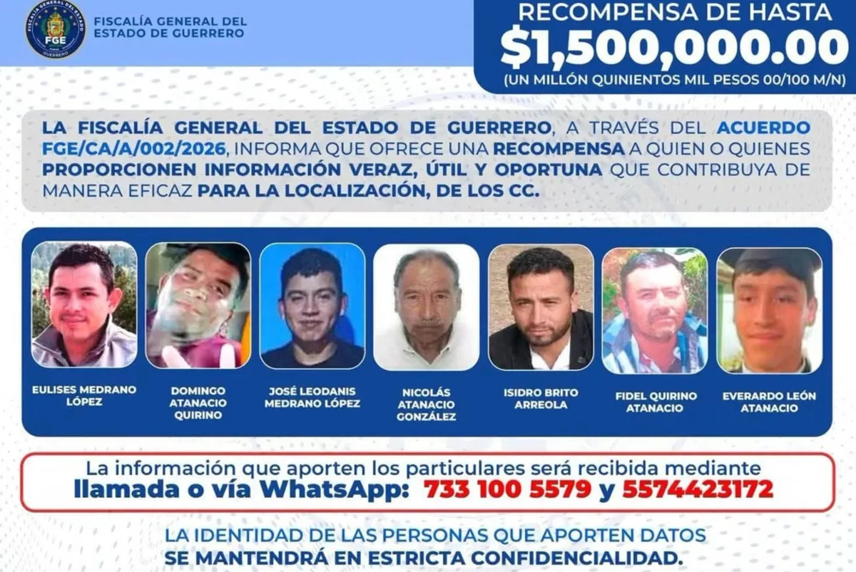 Busca Fiscalía a siete plagiados en Guerrero; ofrece recompensa de 1.5 mdp para dar con su paradero