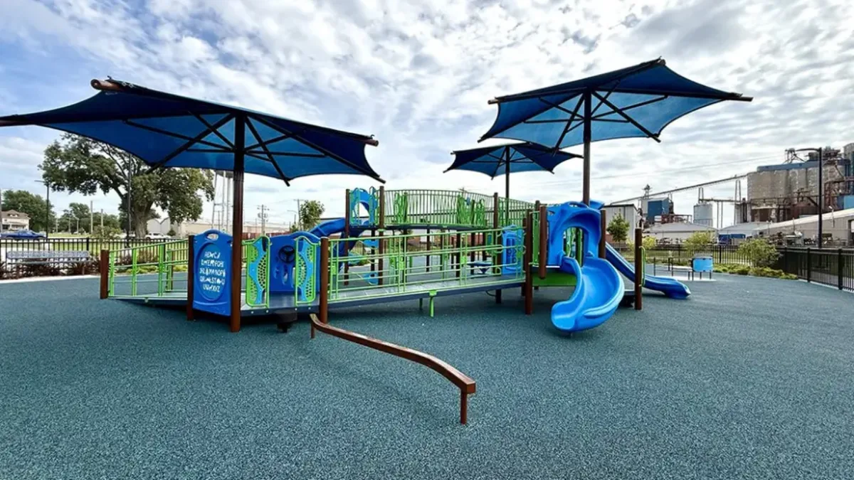 A former Illinois school is now a $1.35M accessible park with an inclusive playground and splash pad