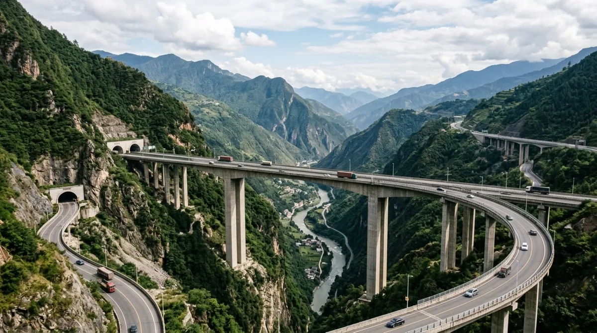 Atravessando montanhas a mais de 2.000 metros de altitude, esta estrada utiliza túneis, pontes e viadutos empilhados em terrenos íngremes onde a diferença de nível muda centenas de metros em poucos quilômetros