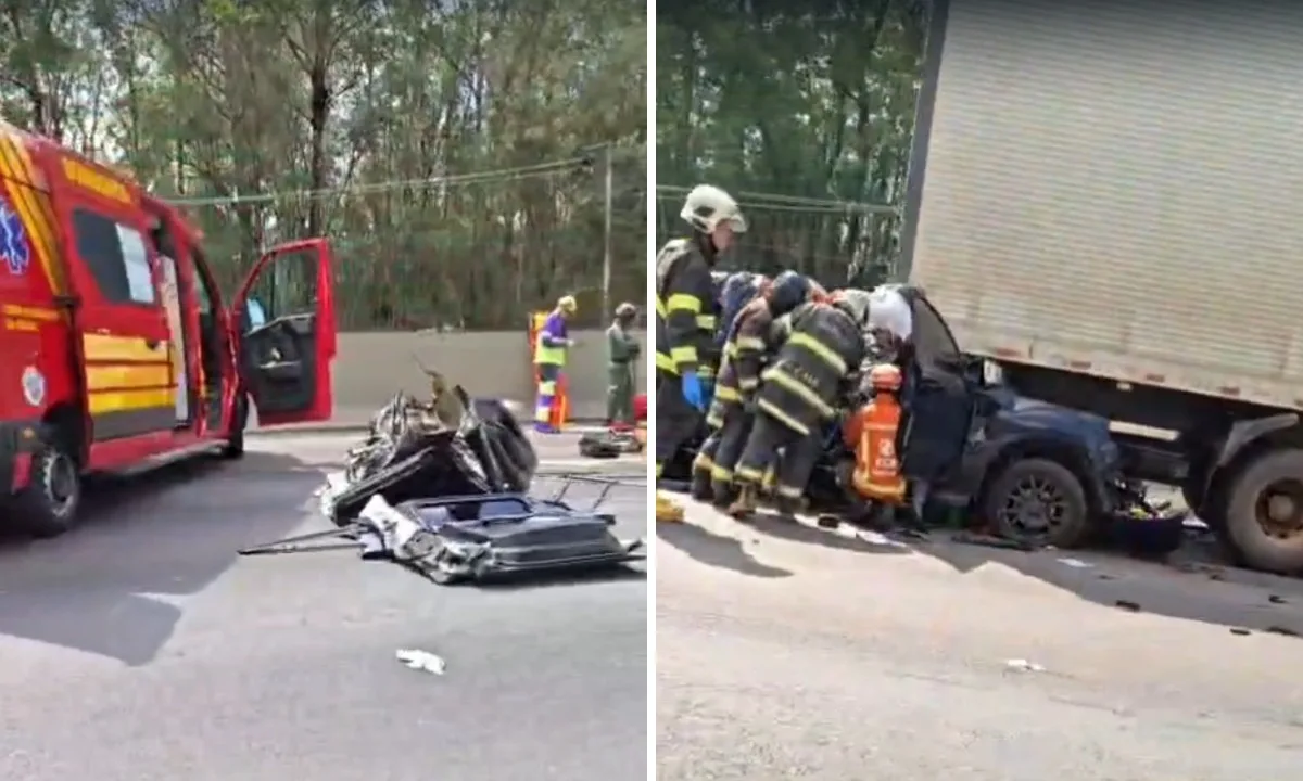 Acidente entre picape e caminhão deixa vítima presa nas ferragens na Rodovia Anhanguera, em Cajamar