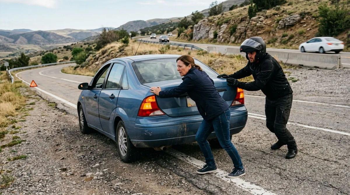 Motociclista começa a encontrar o mesmo carro quebrado toda sexta-feira numa subida e passa a ajudar o motorista a empurrá-lo, até descobrir que o veículo é usado para levar o filho a um tratamento semanal