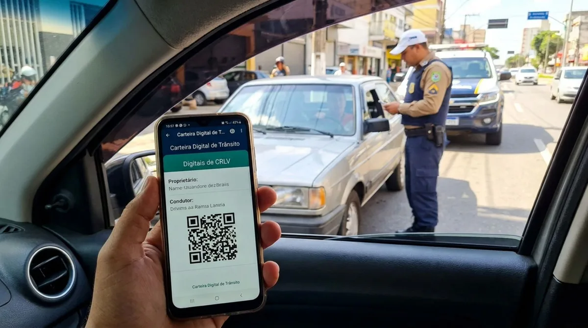 Condutor pega carro emprestado e é parado em blitz, agente solicita o CRLV e ele apresenta o documento digital compartilhado pelo proprietário, motorista é questionado porque veículo não está em seu nome
