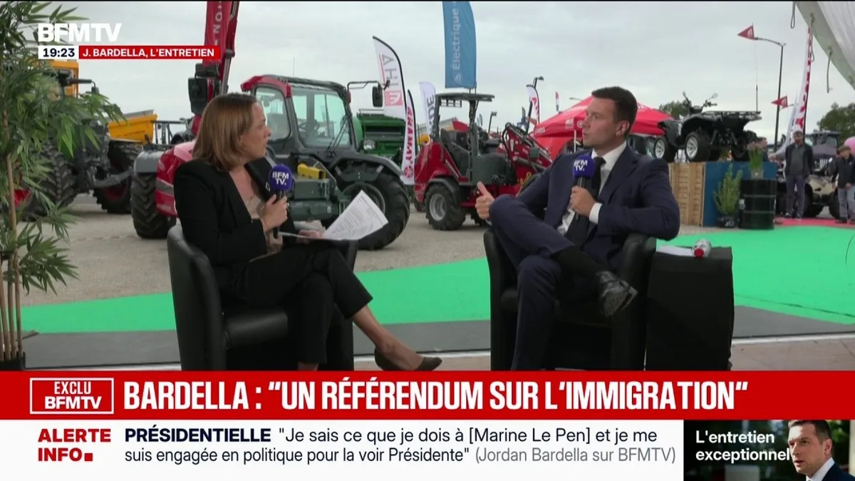 Jordan Bardella annonce vouloir organiser "un référendum sur l'immigration" en cas de victoire de Marine Le Pen