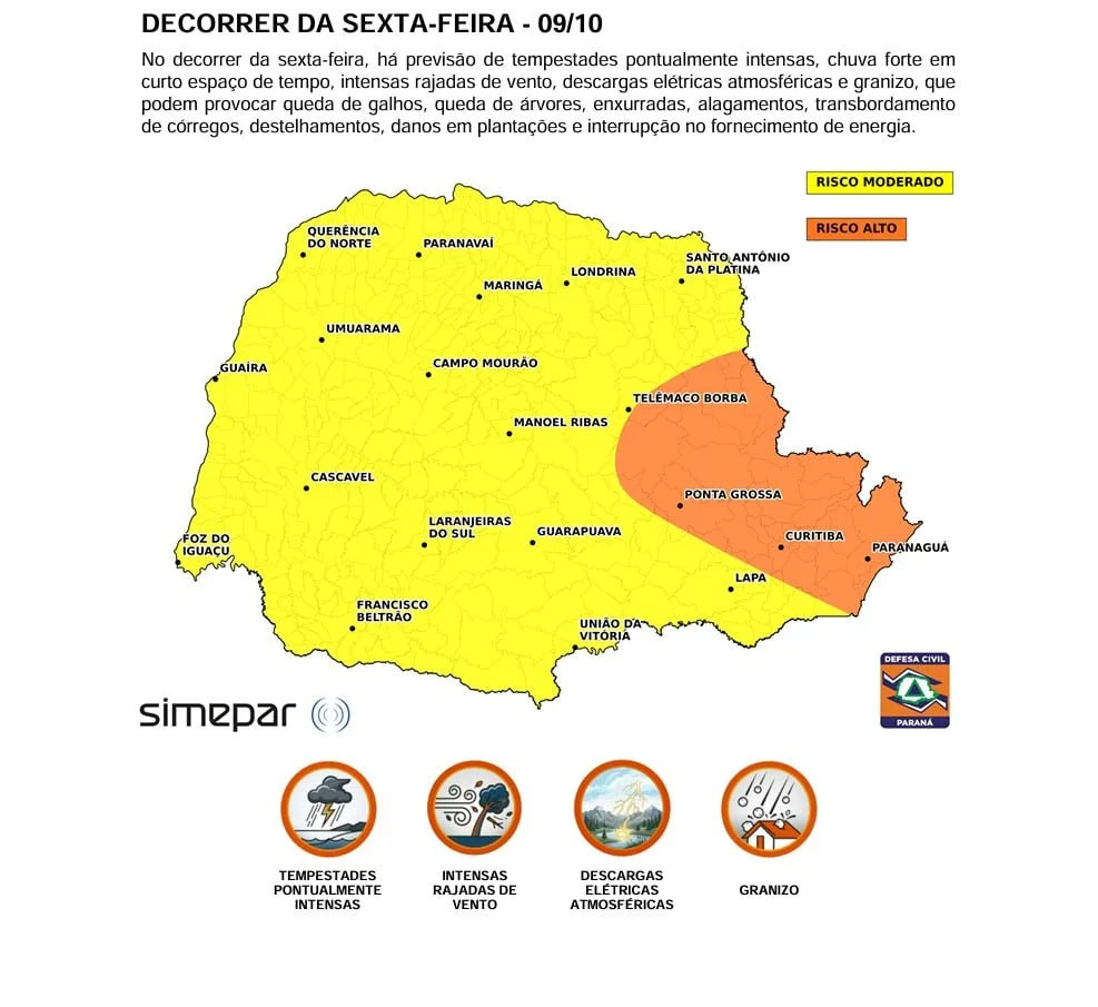 Grande Curitiba e parte do Paraná estão na rota de temporais severos
